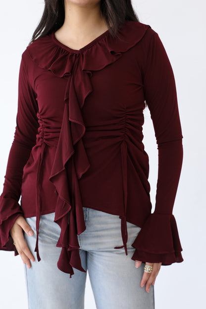 EVERYDAY RUFFLE TOP burgundy