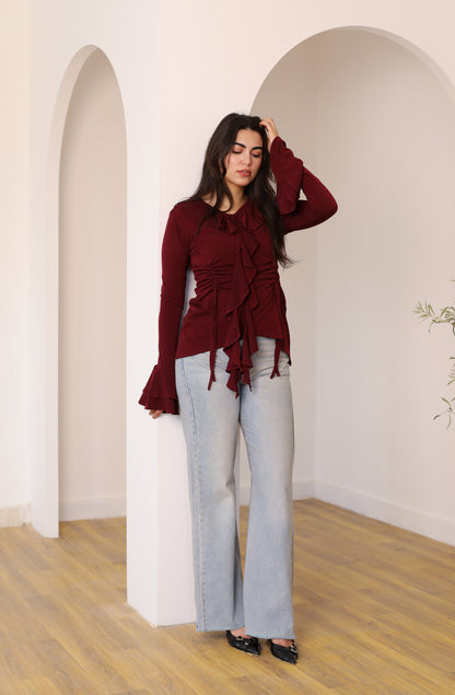 EVERYDAY RUFFLE TOP burgundy
