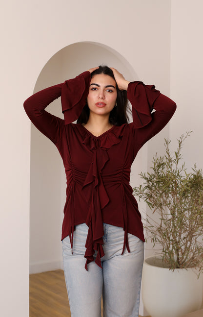 EVERYDAY RUFFLE TOP burgundy