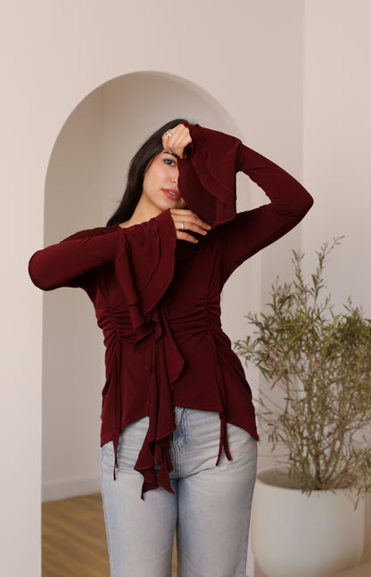 EVERYDAY RUFFLE TOP burgundy